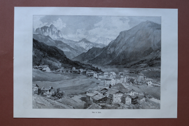 Holzstich Vigo di Fassa 1914 Dorf Ansicht Gebirge Künstler Compton